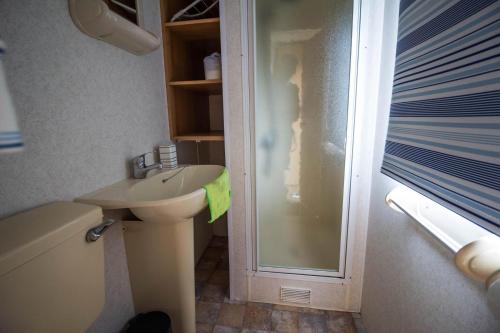 Great 4 Berth Caravan At Withernsea Sands Ref 79003hg的一间带水槽和淋浴的小浴室