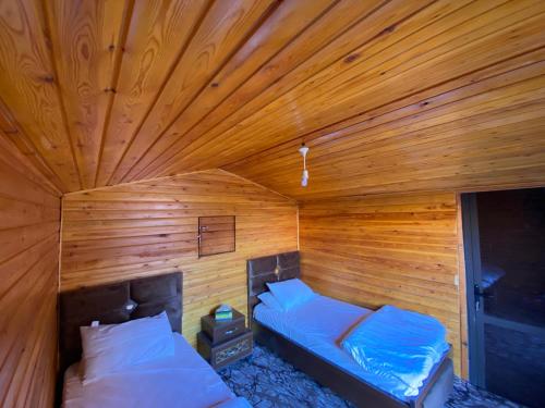 瓦迪拉姆Bedouin picnic camp的小木屋内带两张床的房间