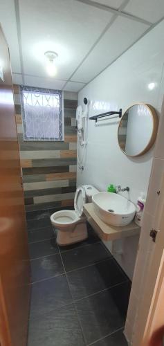 哥打京那巴鲁Starry night homestay的一间带卫生间、水槽和镜子的浴室