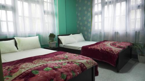 RongliDrishtee Homestay的配有两张床铺的绿色墙壁和窗户