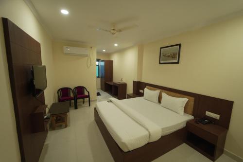 MuthiganjICON PALACE INN的一间酒店客房,配有一张床和一台电视