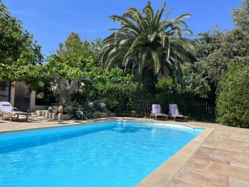 格里莫LA MAISON DE JUSTINE的一个带两把椅子的游泳池,一个棕榈树
