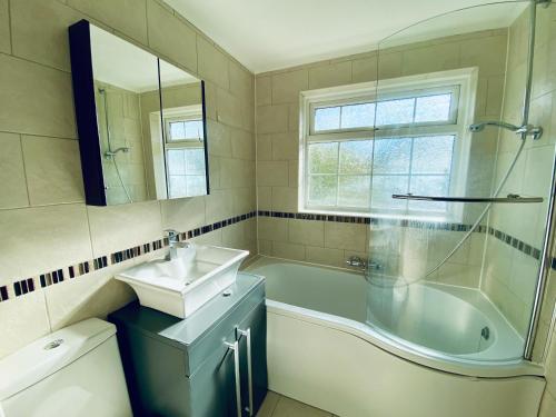 沃金Cloud9StayZ at The Leafield的带浴缸、水槽、浴缸和镜子的浴室