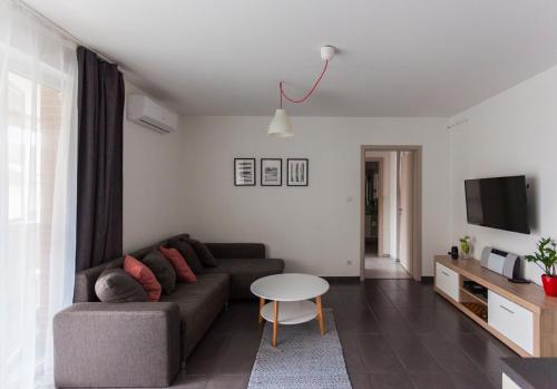 塞格德Dobó Apartman的客厅配有沙发和桌子