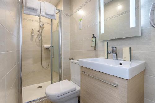 布洛涅-比扬古巴黎酒店的一间带水槽、淋浴和卫生间的浴室