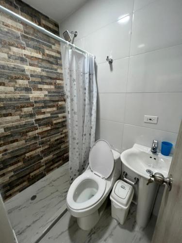 蒙特里亚Hermoso apartamento central的一间带卫生间和水槽的浴室