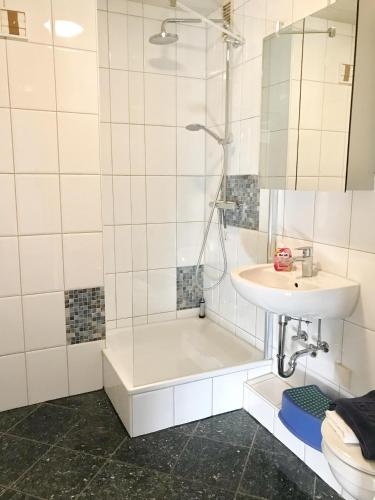 朗格奥'Strandhafer'的带淋浴、盥洗盆和卫生间的浴室