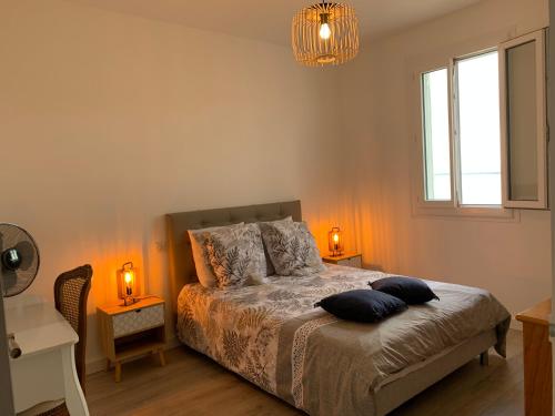 巴斯蒂亚Magnifique maison avec vue mer hauteur de Bastia的一间卧室配有一张带两个枕头的床