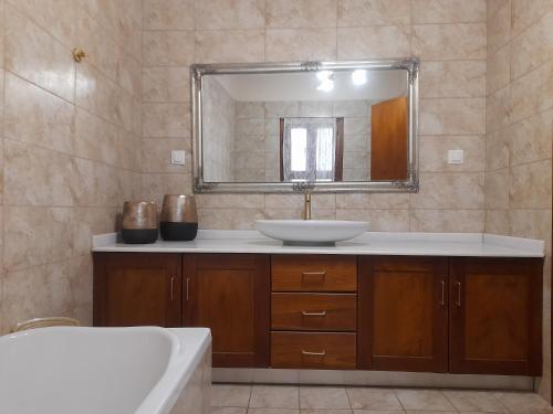 卡米拉日Villa archontiko的一间带水槽和大镜子的浴室