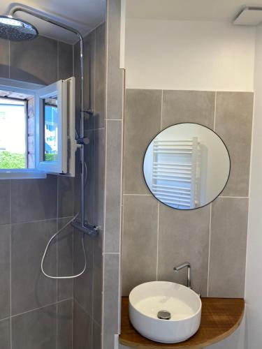 伊波尔Gîte Adaméo的一间带水槽和镜子的浴室