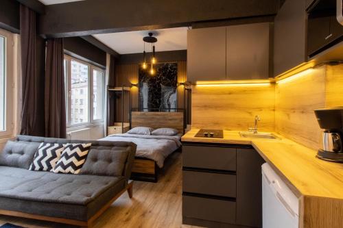伊斯坦布尔STaYLE的一间配有沙发的厨房和一张位于客房内的床