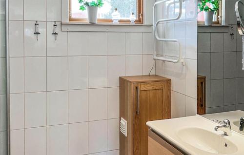 Fränsta3 Bedroom Lovely Home In Frnsta的白色瓷砖浴室设有水槽和镜子
