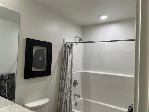 悉尼Brand New 3-Bedroom Condo in the Heart of Sidney的带淋浴和卫生间的白色浴室