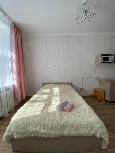 乌斯季卡缅诺戈尔斯克Квартира-студия недорого напротив парка Металлургов的一间卧室配有一张带白色毯子的大床