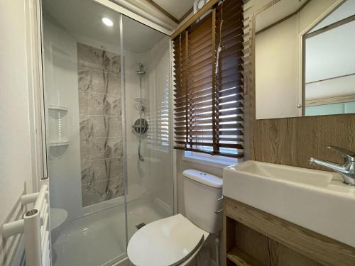 Hopton on SeaLuxury Lodge With Stunning Full Sea Views In Suffolk Ref 20234bs的浴室配有卫生间、盥洗盆和淋浴。