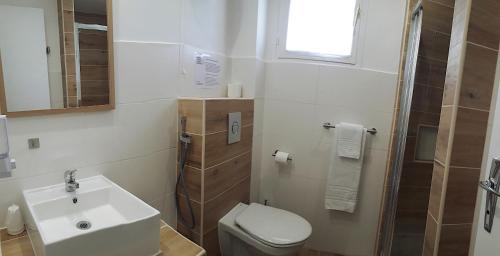 迪涅莱班Hôtel Saint Michel的白色的浴室设有水槽和卫生间。
