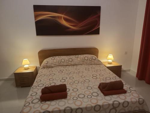 马萨尔福恩Seagull Flats的一间卧室配有一张带两盏灯和一幅画的床铺