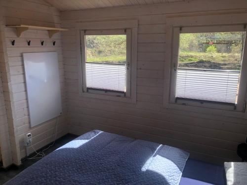 拉脱维亚WOMOCAMP Holzhütte 2的一间卧室设有2个窗户和1张床