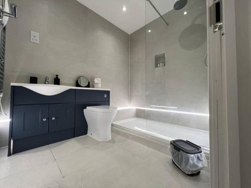 坎伯利Mustafa House By E2M Stays - 1 & 2 Bedroom Stunning Apt in Central Town的带浴缸、卫生间和淋浴的浴室。