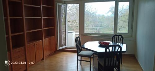 斯特拉斯堡chambre double chez l'habitant的一间带桌椅和窗户的用餐室