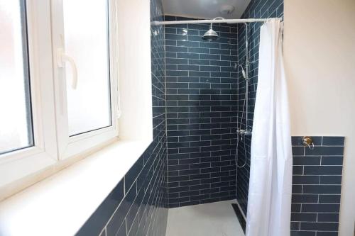 杜埃Le vintage 100 mètres de la gare parking gratuit的浴室设有蓝色瓷砖淋浴和窗户。
