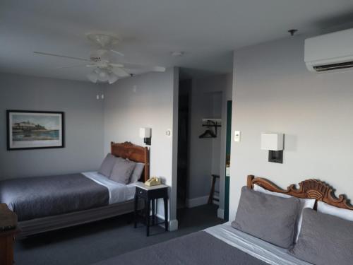 新肖雷汉姆民族酒店的一间卧室配有两张床和吊扇