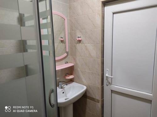 巴库LIVE-INN COZY & CENTRAL apartment with a LIFT, GARDEN & AIRPORT SHUTTLE的一间带水槽、卫生间和镜子的浴室