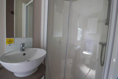 斯凯格内斯Great Caravan With Decking Southview Holiday Park In Skegness Ref 33002v的白色的浴室设有水槽和淋浴。