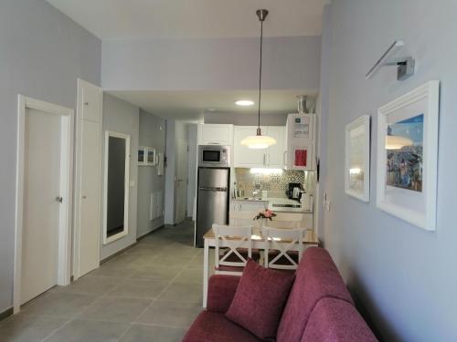 马拉加Malaga Lodge Apartments的一间带紫色沙发的客厅和一间厨房
