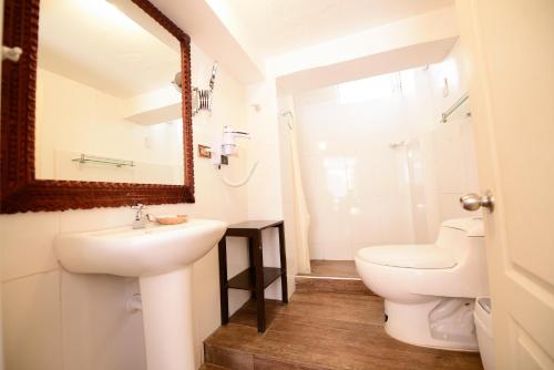 库斯科Hotel Monasterio del Inka的一间带水槽、卫生间和镜子的浴室