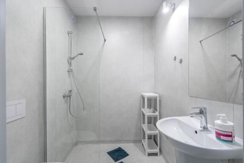 库瑞尼卡慕斯卡PIONOW Pokoje Hotelowe - adults only的带淋浴和盥洗盆的白色浴室