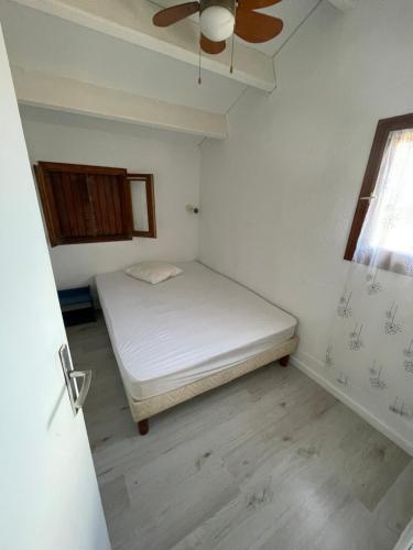 海滨圣玛丽Appartement bord de mer的一间带一张床和吊扇的小卧室
