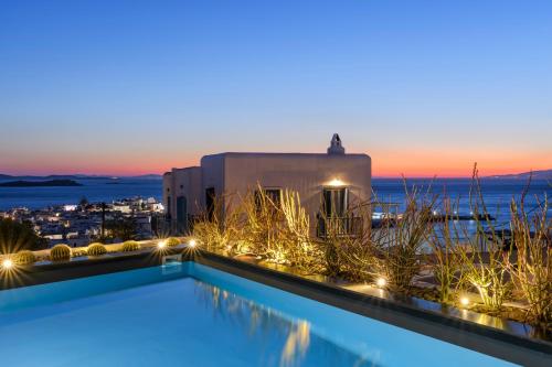 米克诺斯城She Mykonos Boutique Hotel的游泳池,晚上可欣赏到海景