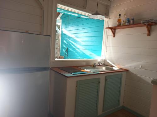 波尔兰特L'ESCALE TROPICALE的厨房设有水槽和窗户。