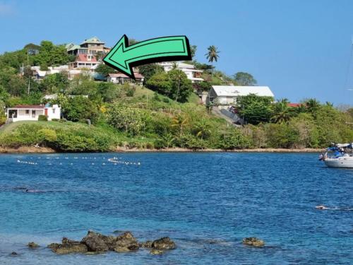 莱特鲁瓦西莱Villa Nautilia , vue mer, proche plage的一条船,在水中,有绿色的箭头
