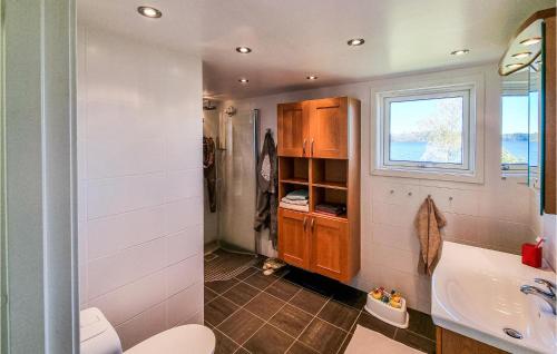 特罗尔海坦Lovely Home In Trollhttan With House Sea View的带浴缸、水槽和窗户的浴室