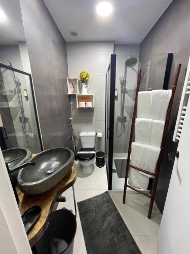 萨卡文Ambientes do Rio Home的一间带两个盥洗盆和淋浴的浴室