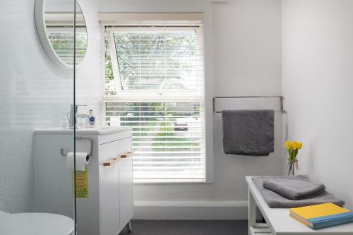 MynffordBron Eryri - Our Cosy House opposite the entrance to Portmeirion!的白色的浴室设有水槽和窗户。