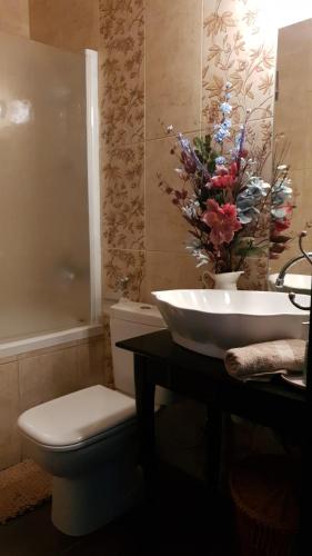AlaminosOikos Selinolithos的浴室配有卫生间、盥洗盆和浴缸。