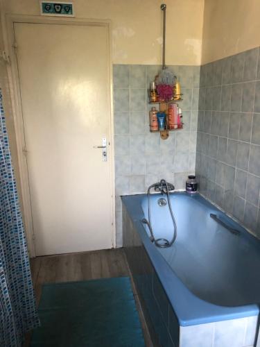 勒芒Maison de ville avec garage的一间带蓝色浴缸和白色门的浴室