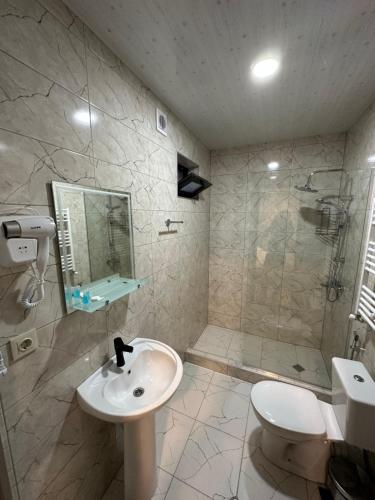 卡兹贝吉Old district的一间带水槽、淋浴和卫生间的浴室