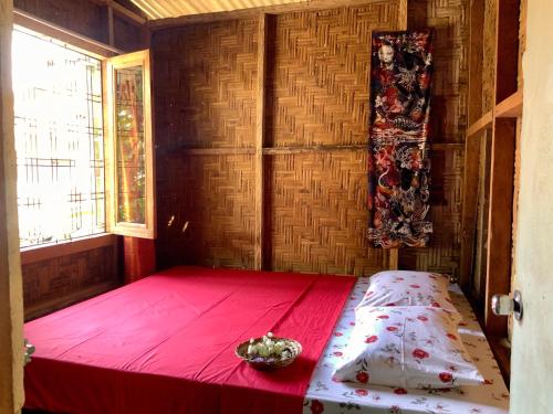 武吉拉旺Homestay Bukit Lawang的一间设有一张红色毯子和窗户的床的房间