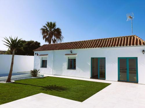 扎霍拉Villa Turquesa的一座白色的房子,有院子和棕榈树
