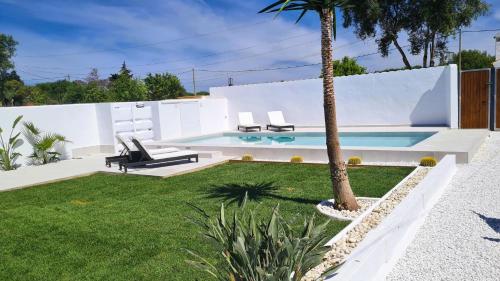 扎霍拉Villa Turquesa的后院设有2把椅子和棕榈树的游泳池