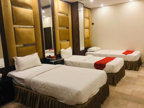 拉合尔Pool & Park Hotel的酒店客房,设有两张床和镜子