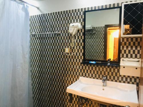 拉合尔Pool & Park Hotel的一间带水槽和镜子的浴室