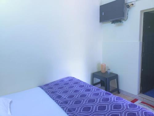 科尔瓦Colva Beach Samaira GuestHouse & Apartments的一间卧室配有一张紫色的床和一台电视机