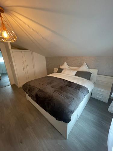 斯特拉斯堡Maisonnette avec terrasse的一间卧室,卧室内配有一张大床