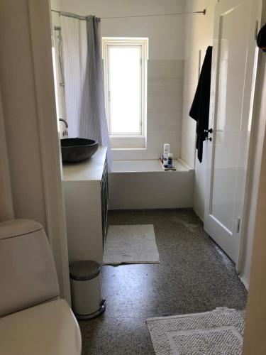 斯文堡Sundkig fra 1. Sal的一间带水槽和卫生间的浴室以及窗户。