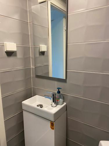 奥斯陆Hybel i gamle Oslo的浴室设有白色水槽和镜子